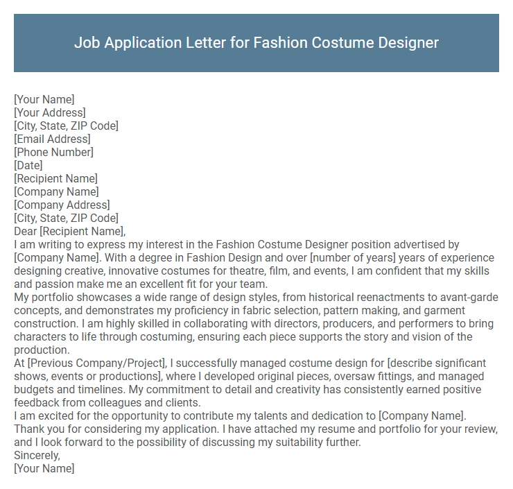 Job Application Letter for Fashion Costume Designer