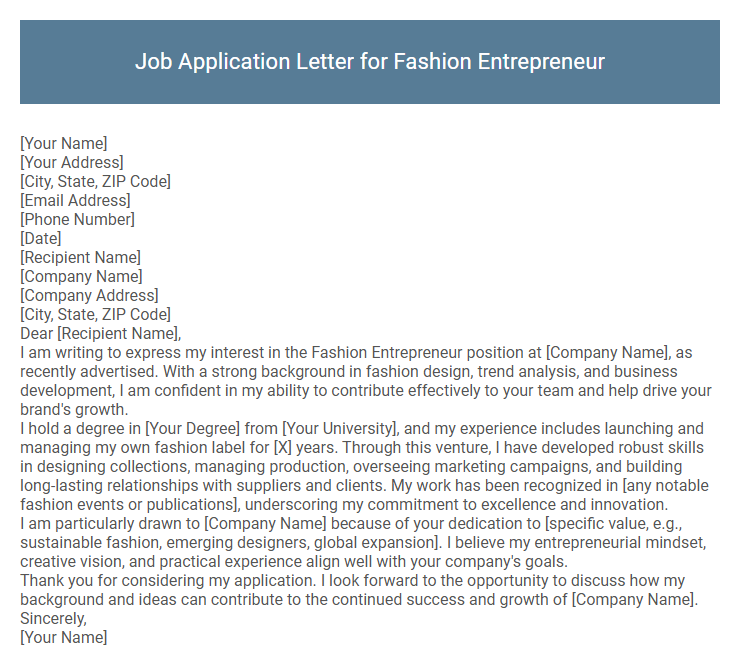 Job Application Letter for Fashion Entrepreneur