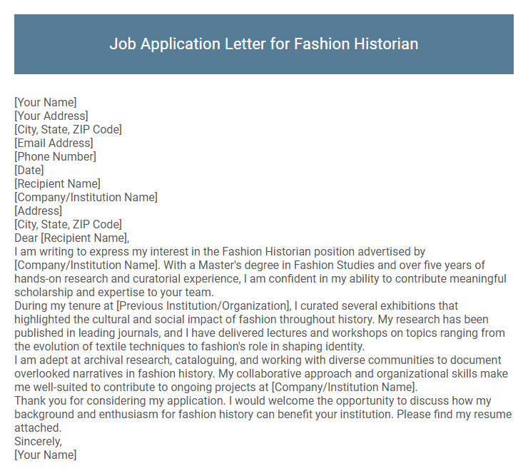 Job Application Letter for Fashion Historian