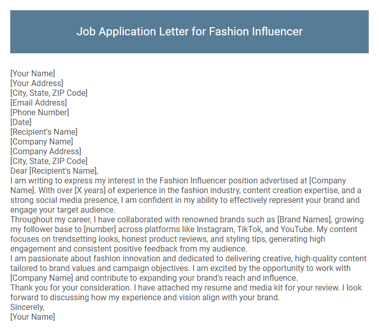 Job Application Letter for Fashion Influencer