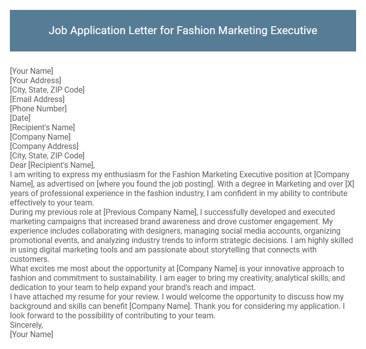 Job Application Letter for Fashion Marketing Executive