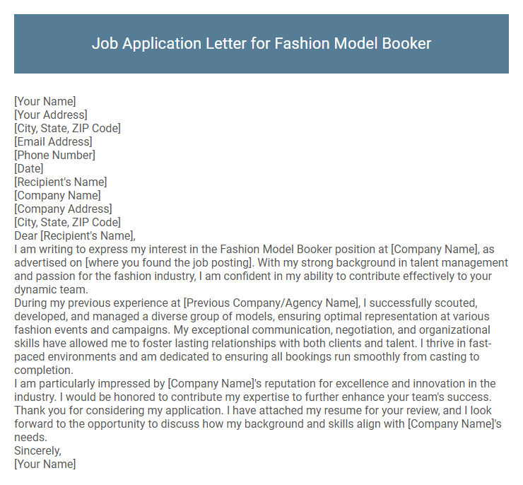 Job Application Letter for Fashion Model Booker