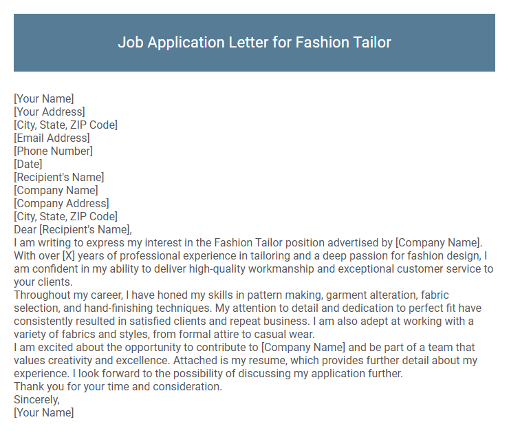 Job Application Letter for Fashion Tailor