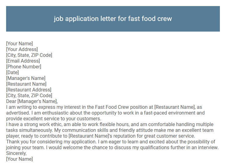 job application letter for fast food crew