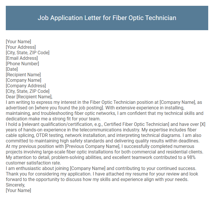 Job Application Letter for Fiber Optic Technician