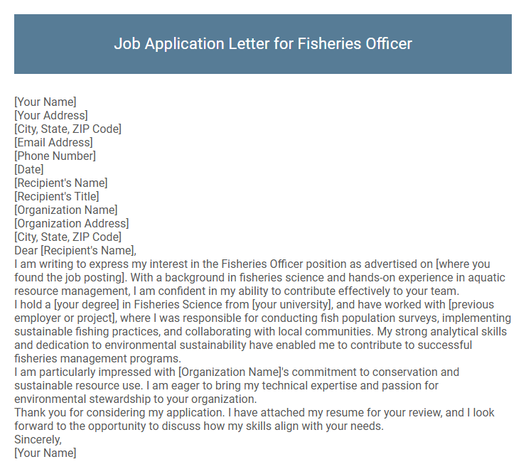 Job Application Letter for Fisheries Officer