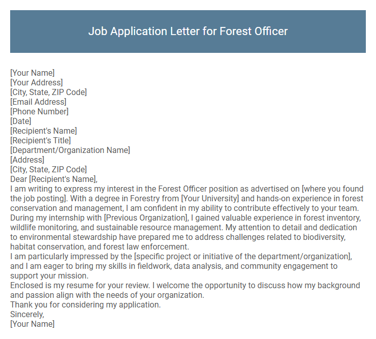 Job Application Letter for Forest Officer
