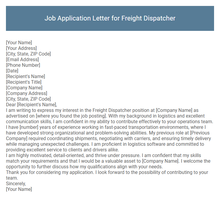 Job Application Letter for Freight Dispatcher