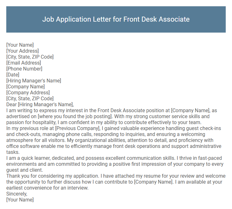 Job Application Letter for Front Desk Associate