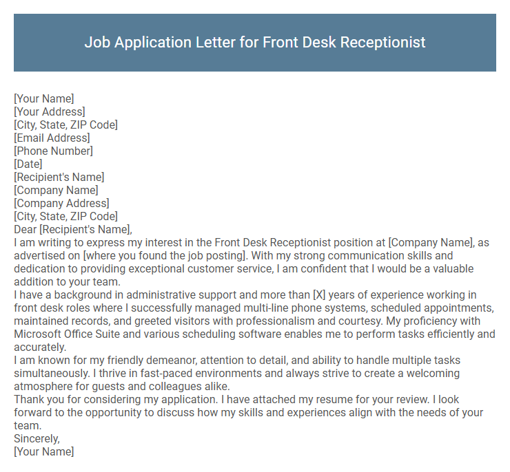 Job Application Letter for Front Desk Receptionist