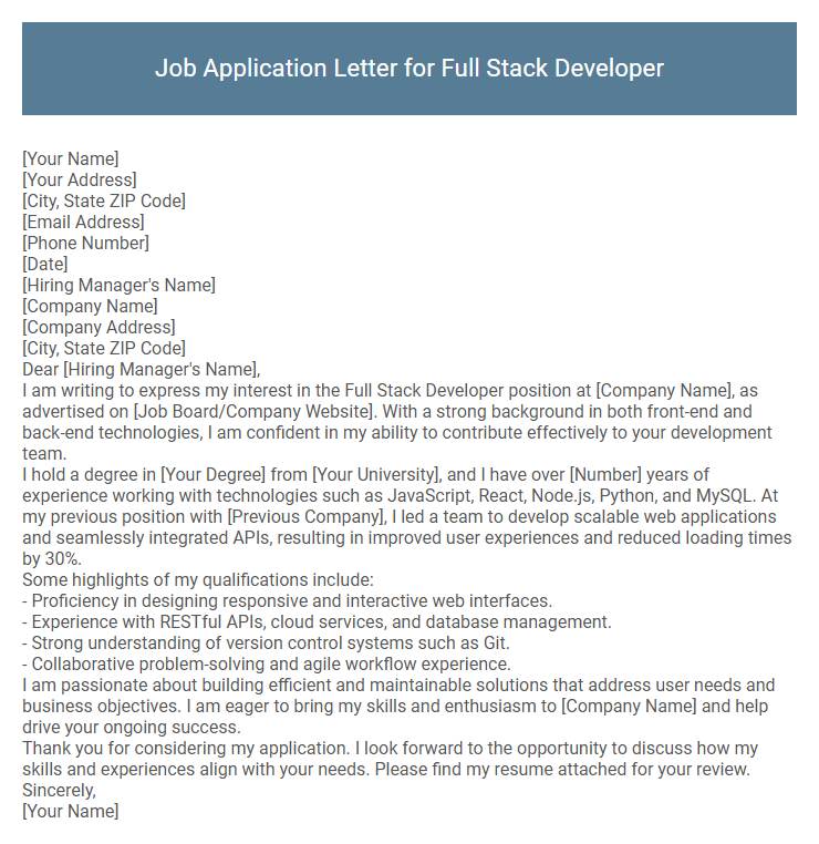 Job Application Letter for Full Stack Developer