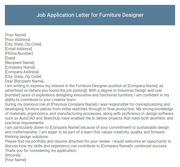 Job Application Letter for Furniture Designer
