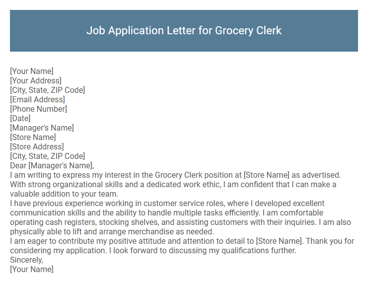 Job Application Letter for Grocery Clerk