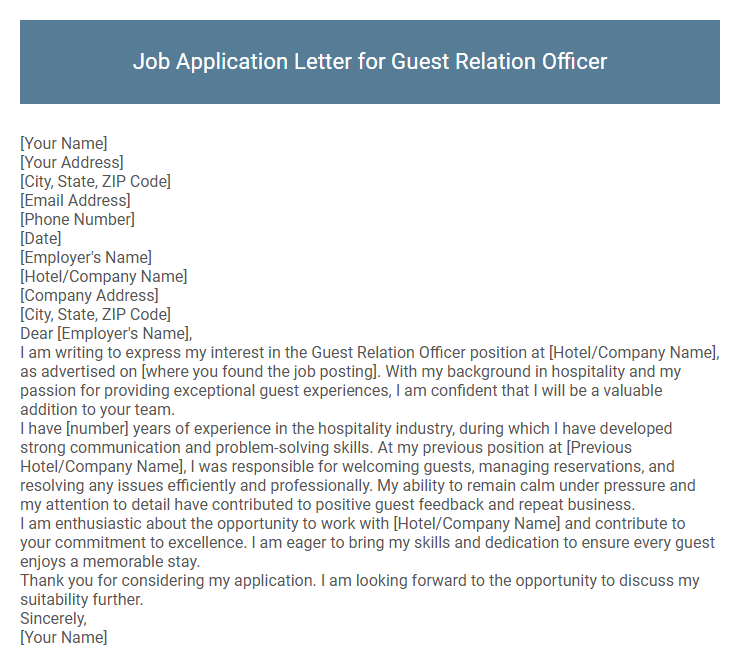 Job Application Letter for Guest Relation Officer