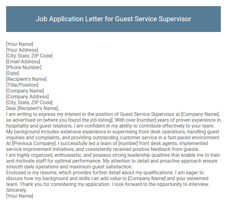Job Application Letter for Guest Service Supervisor