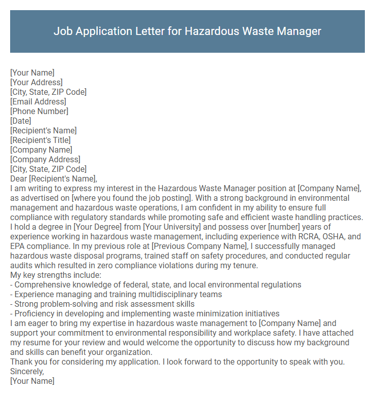 Job Application Letter for Hazardous Waste Manager