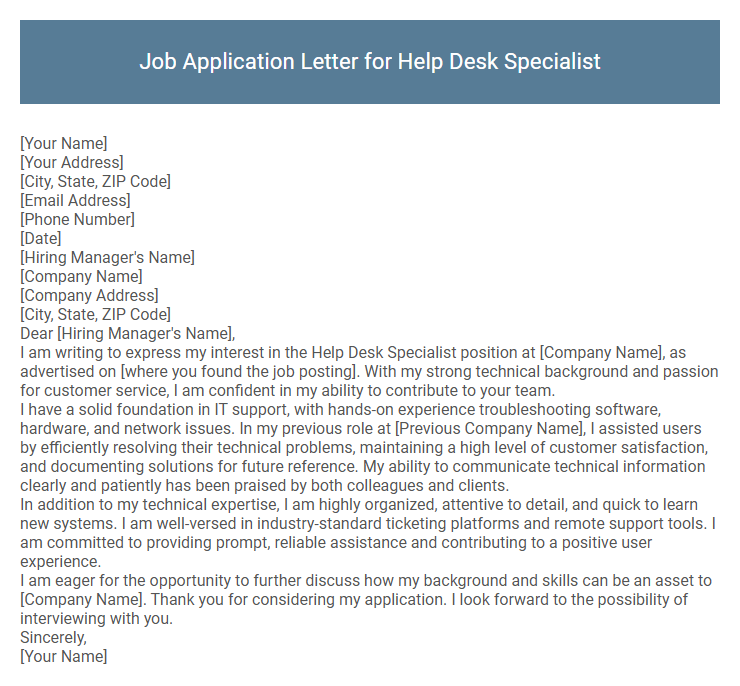 Job Application Letter for Help Desk Specialist