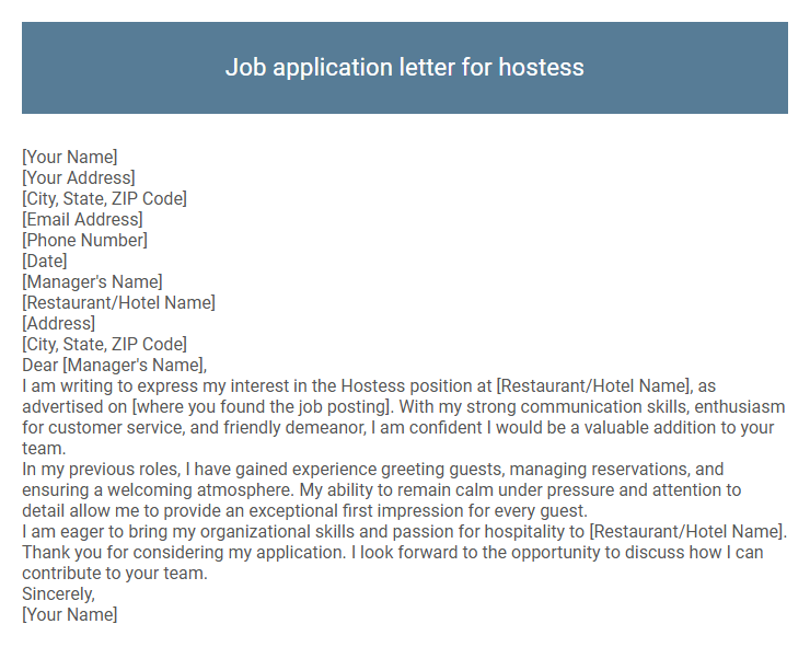 Job application letter for hostess
