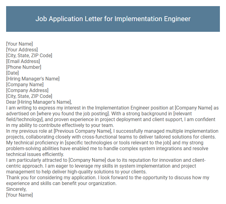 Job Application Letter for Implementation Engineer