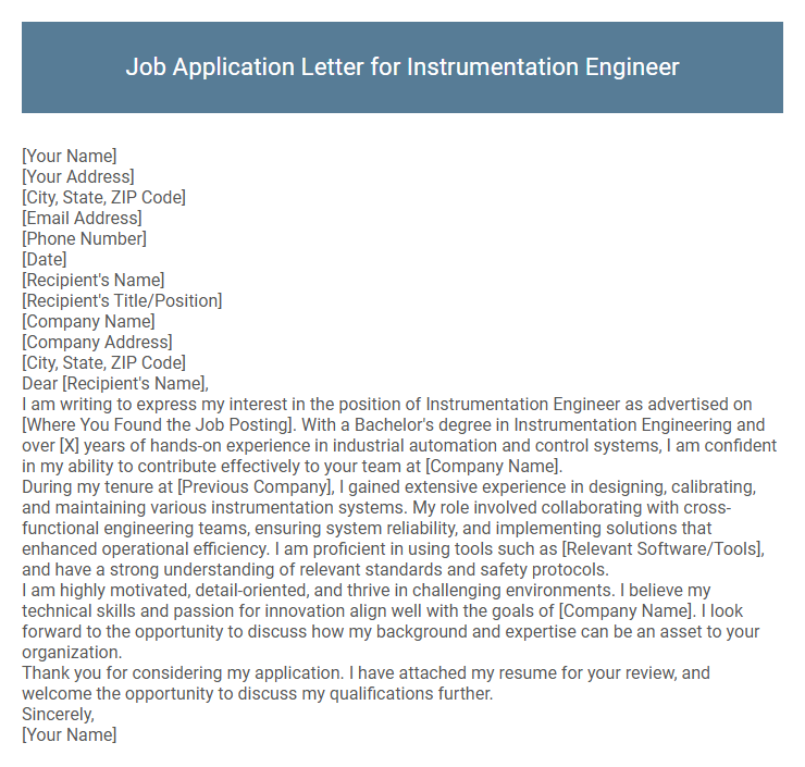 Job Application Letter for Instrumentation Engineer