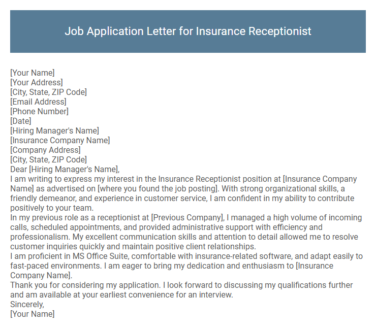 Job Application Letter for Insurance Receptionist