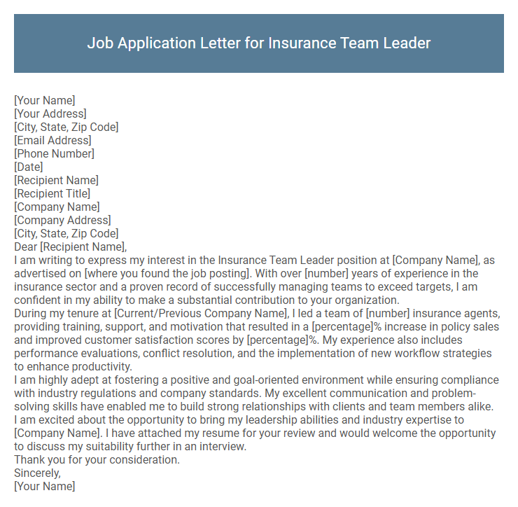Job Application Letter for Insurance Team Leader