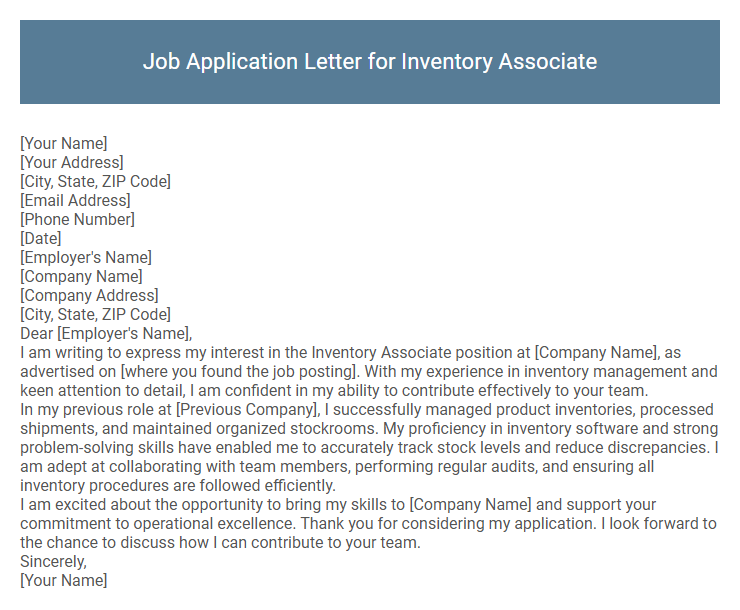 Job Application Letter for Inventory Associate