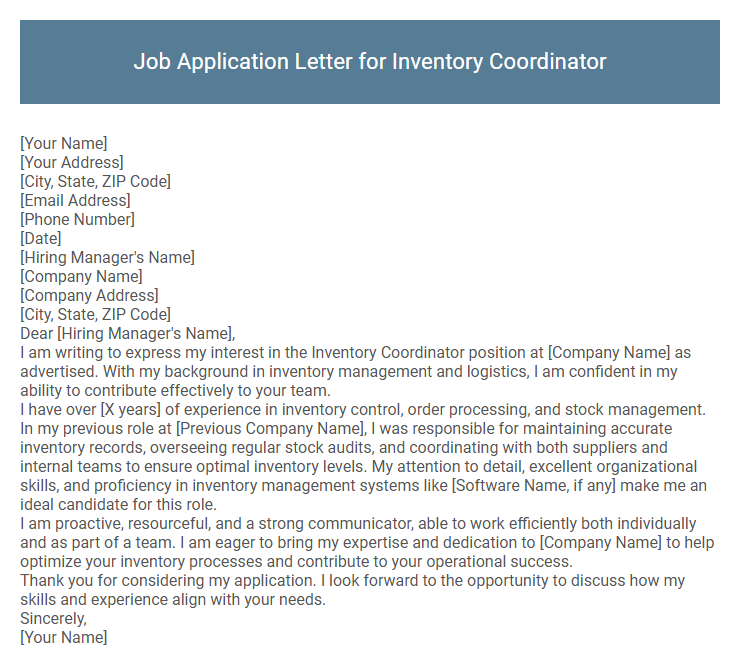 Job Application Letter for Inventory Coordinator