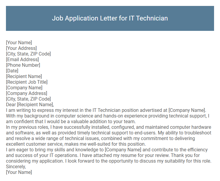 Job Application Letter for IT Technician