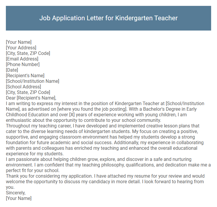 Job Application Letter for Kindergarten Teacher