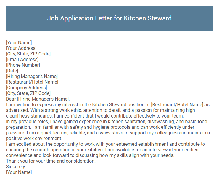 Job Application Letter for Kitchen Steward