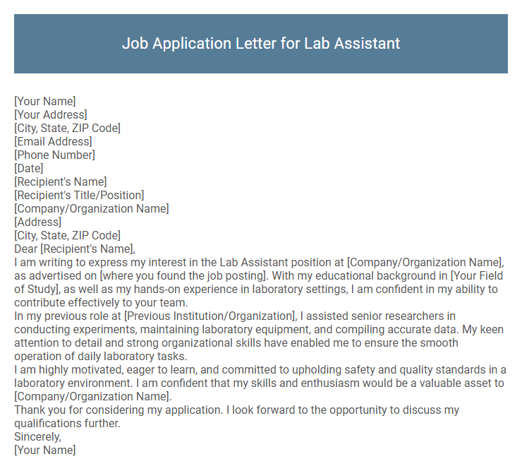 Job Application Letter for Lab Assistant