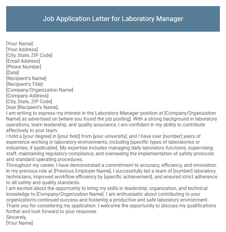 Job Application Letter for Laboratory Manager