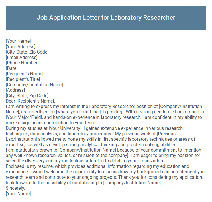 Job Application Letter for Laboratory Researcher
