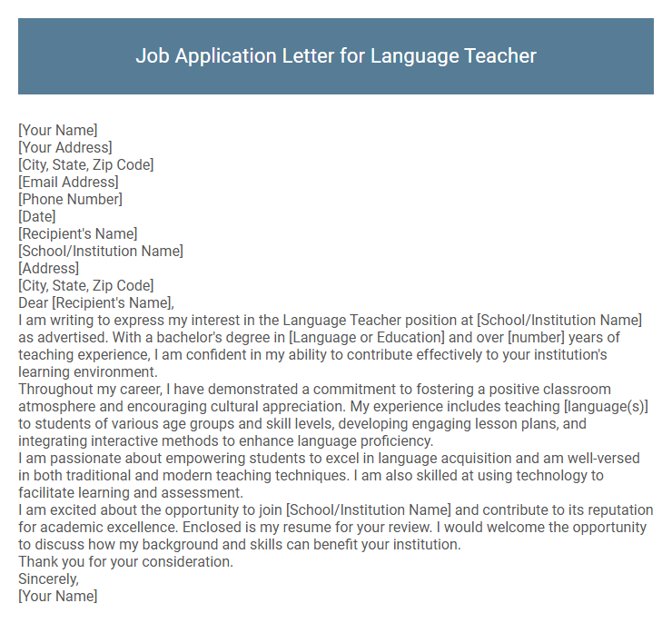 Job Application Letter for Language Teacher