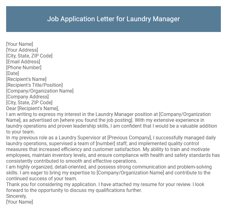 Job Application Letter for Laundry Manager