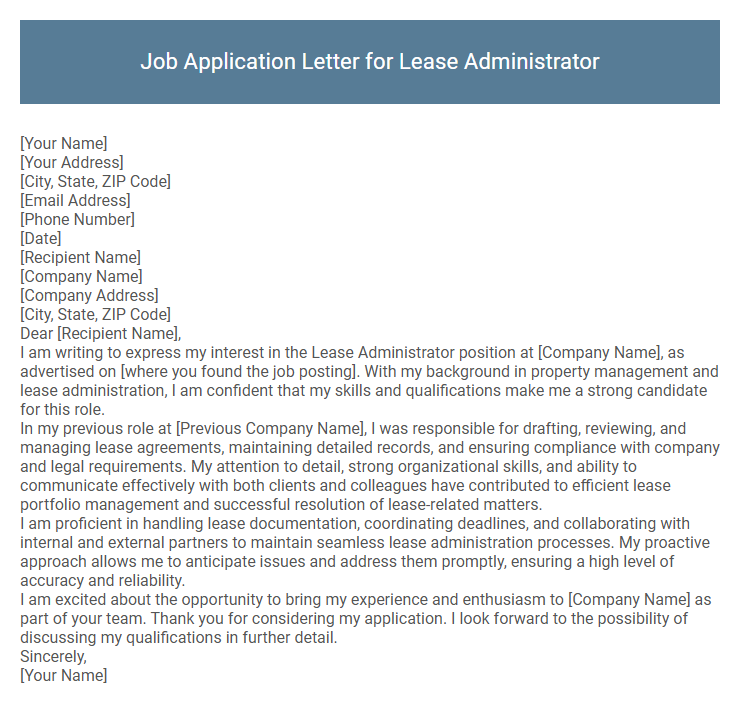 Job Application Letter for Lease Administrator