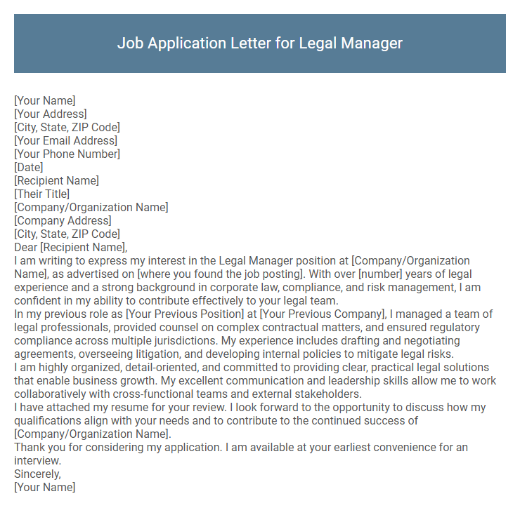 Job Application Letter for Legal Manager