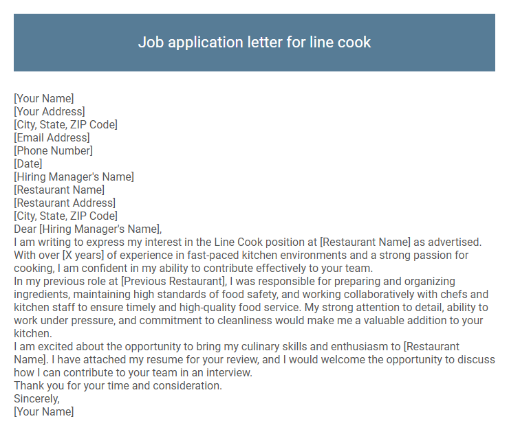 Job application letter for line cook