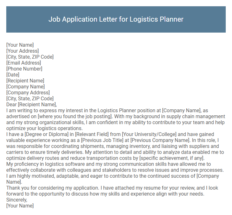 Job Application Letter for Logistics Planner