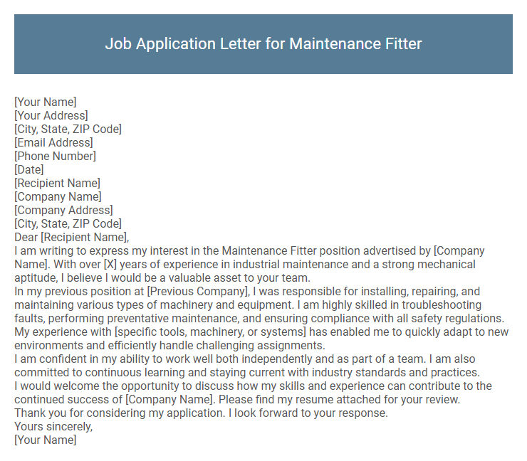Job Application Letter for Maintenance Fitter