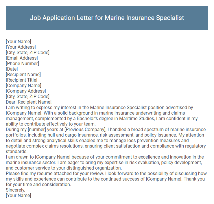 Job Application Letter for Marine Insurance Specialist