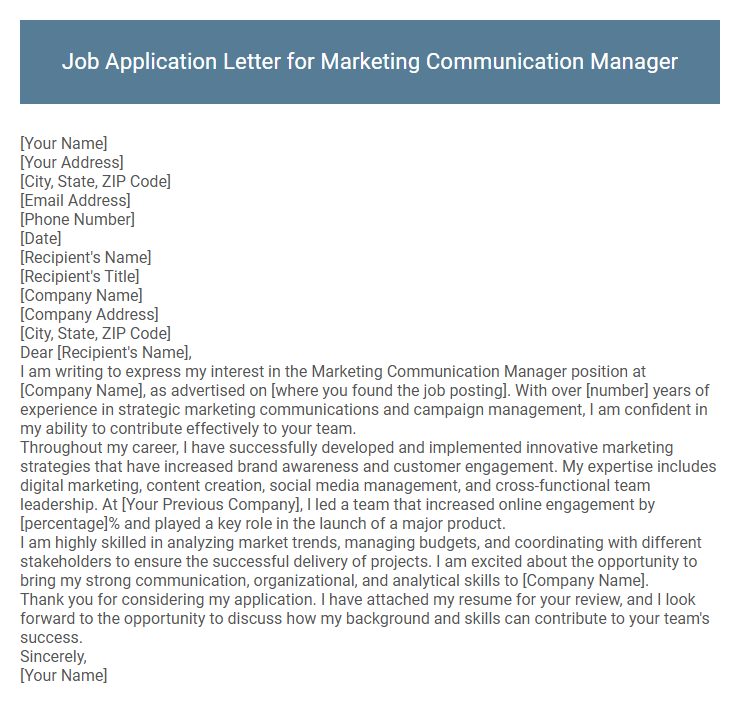 Job Application Letter for Marketing Communication Manager
