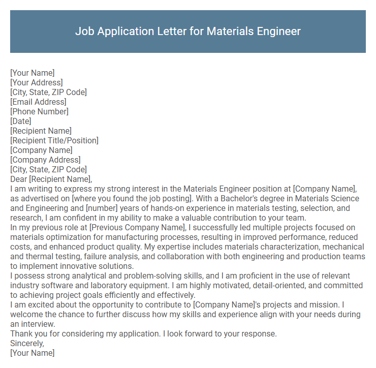 Job Application Letter for Materials Engineer