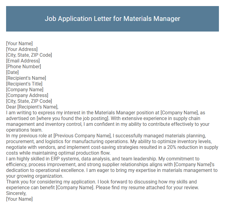 Job Application Letter for Materials Manager