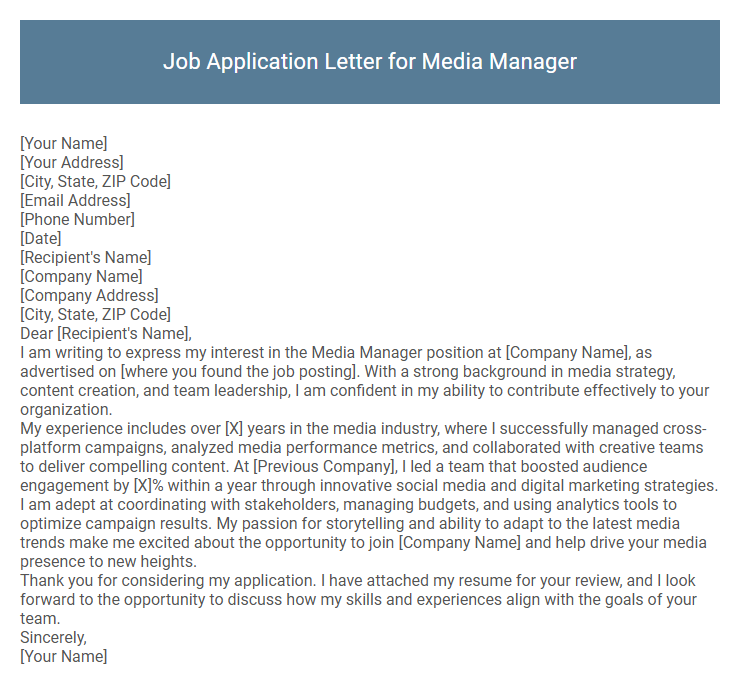 Job Application Letter for Media Manager
