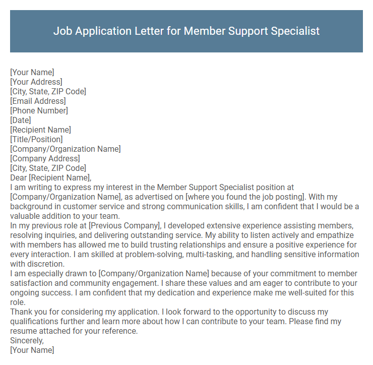 Job Application Letter for Member Support Specialist