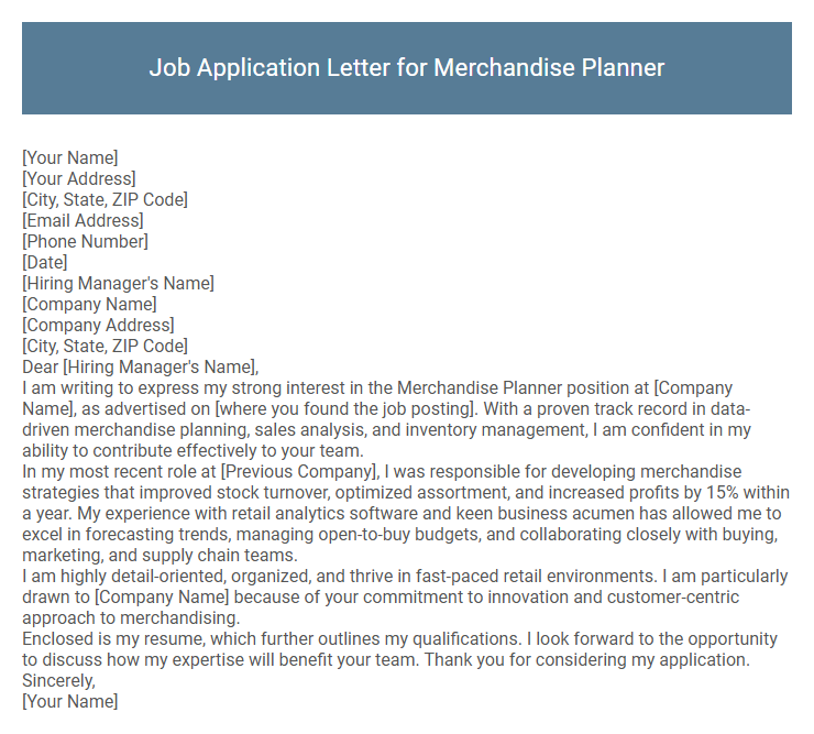Job Application Letter for Merchandise Planner