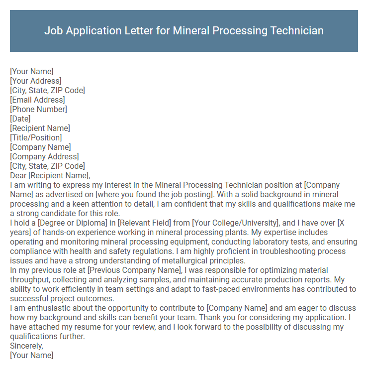 Job Application Letter for Mineral Processing Technician