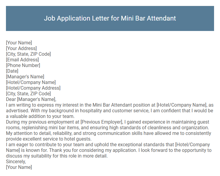 Job Application Letter for Mini Bar Attendant